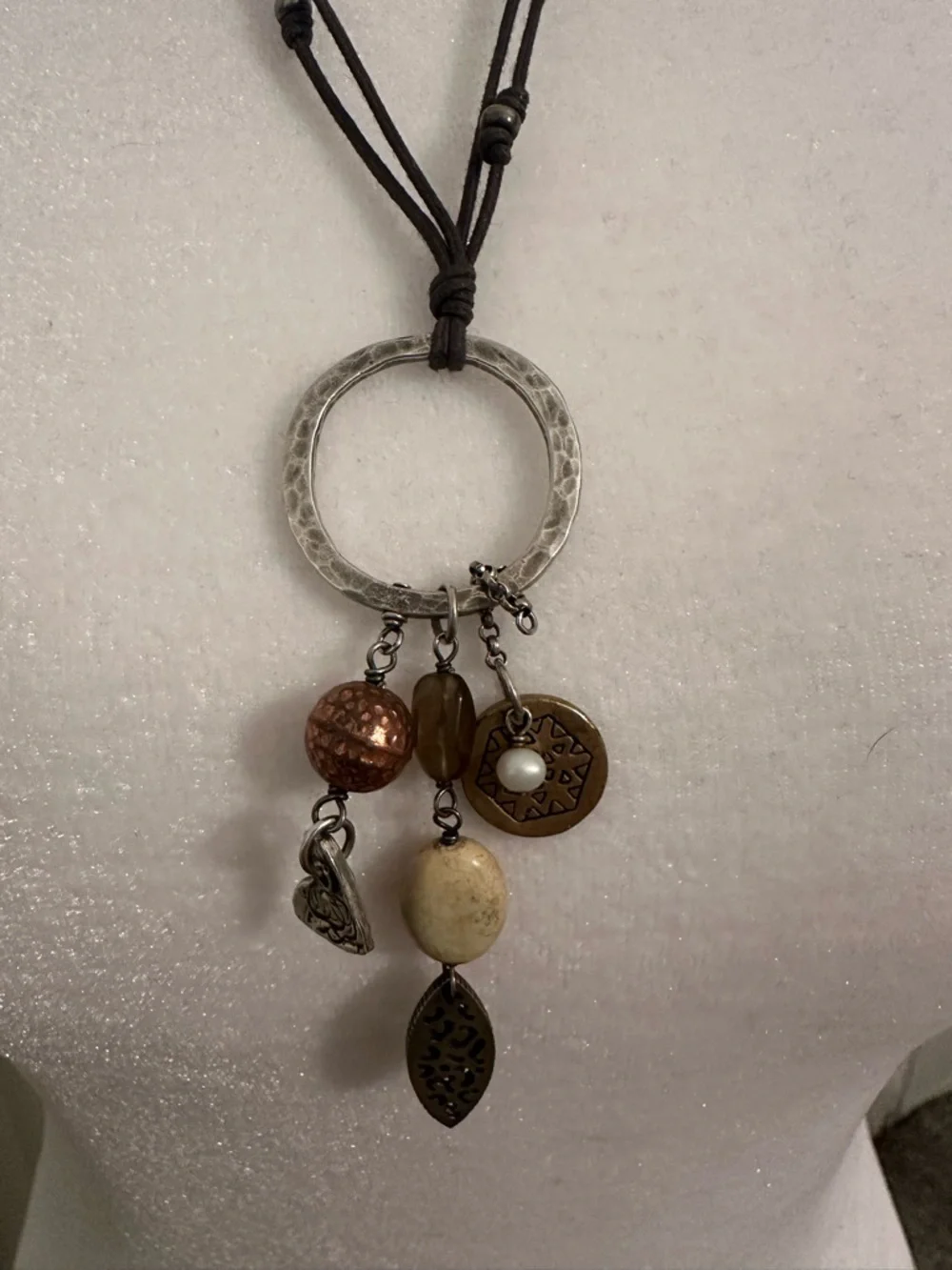 Silpada Leather Cord Pendant Necklace with Brown and Cream Charms - Picture 3 of 8